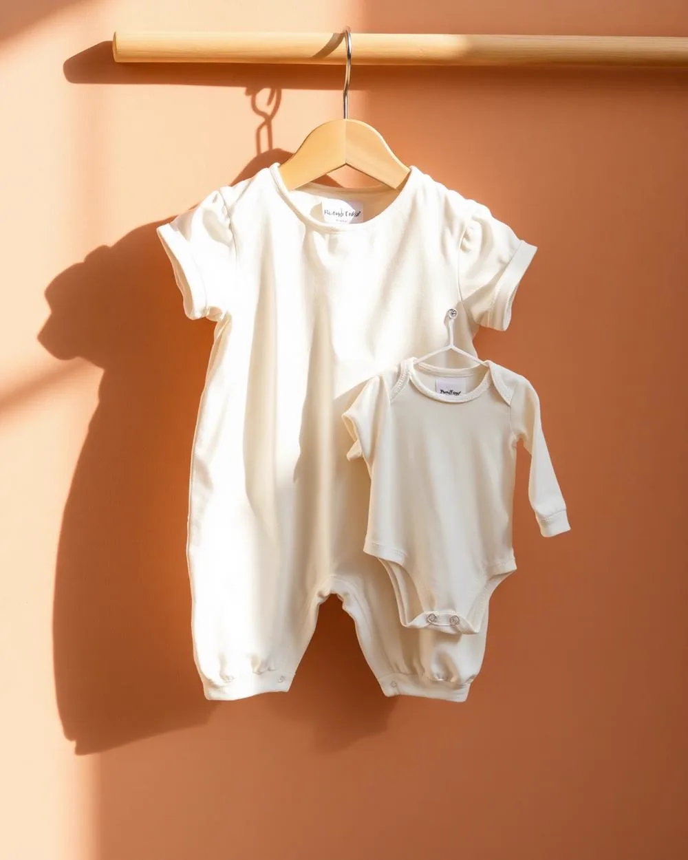 Askıda asılı ekru bebek tulumu ve body